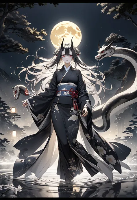 A serene moonlit night with two regal Oni empresses sharing sake in an ink wash style, The full moon illuminates their flowing robes and elegant horns, Their intense gazes locked in a silent duel creating a mystical and tension-filled atmosphere, The scene...