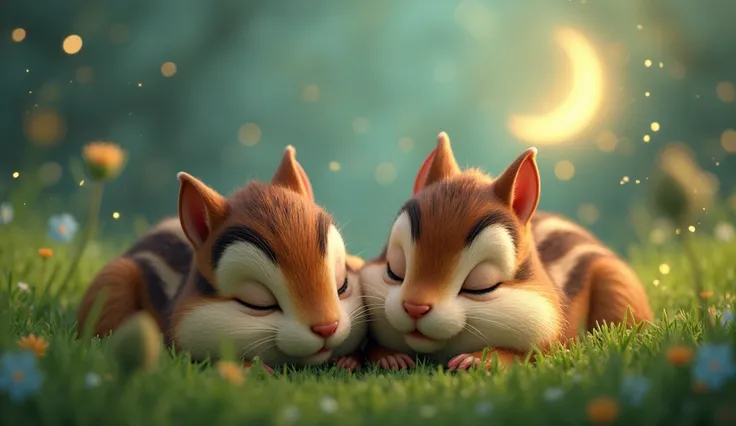 a close up of a Chip 'n' Dale laying on a lush green field, dreaming of electric lion, dreamy night, sweet dreams, adorable digital painting, dreamy scene, sweet night ambient, it is night time, dreamy and detailed, ☁🌪🌙👩🏾, cute 3 d render, goddess of lion,...