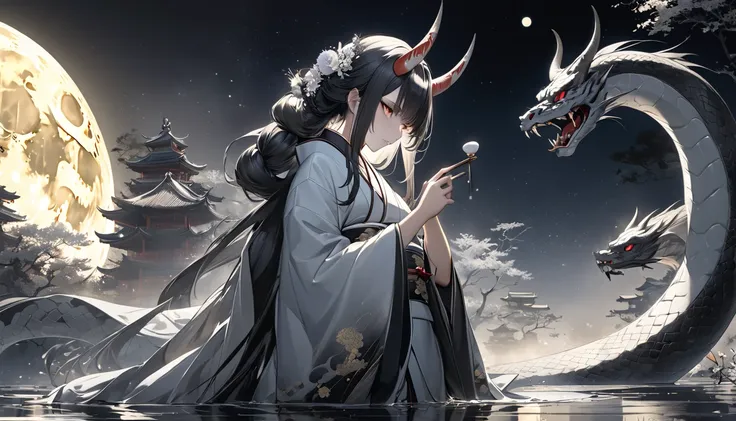 A serene moonlit night with two regal Oni empresses sharing sake in an ink wash style, The full moon illuminates their flowing robes and elegant horns, Their intense gazes locked in a silent duel creating a mystical and tension-filled atmosphere, The scene...