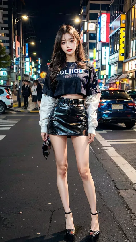 beautiful Japanese woman, 22 years old, perfect anatomy, healthy thighs, beautiful legs, beautiful skin, random hair color, random hairstyle, large breasts, female police officer, (Japanese police uniform:1.3), (miniskirt:1.3), (she is standing:1.2), full ...