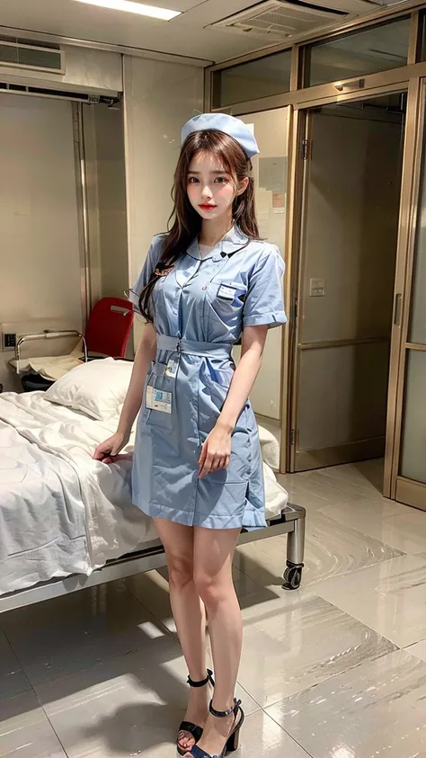 a beautiful young 24-year-old Japanese woman, beautiful, detailed anatomy, beautiful skin, random hair color and hairstyle, big breasts, nurse hat, (nurse uniform:1.3), nurse cap, (she is standing:1.2), full body shot, high heels, hospital, (best quality,8...