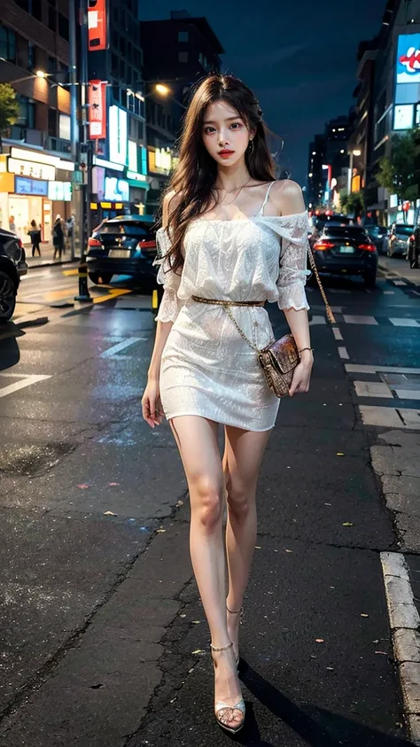 a beautiful young Japanese woman, 24 years old, with healthy thighs, beautiful legs, flawless skin, random hair color and hairstyle, large breasts, a hostess wearing a hostess dress, high heels, (she is standing:1.2), full body shot, holding a purse in one...