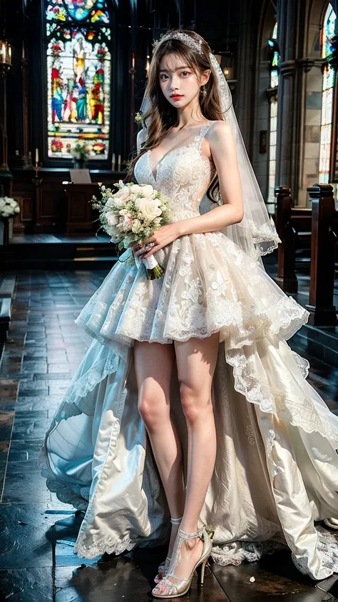 A beautiful young Japanese woman, 26 years old, with healthy thighs, beautiful legs, flawless skin, random hair color and style, large breasts, wearing a (wedding dress:1.3), (she is standing:1.2), full body shot, high heels, holding a bouquet in her hands...