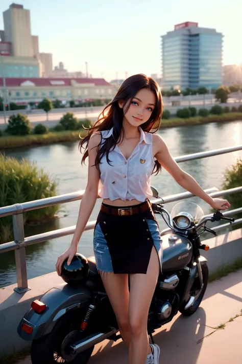 beauty  woman, leaning against railing, building and river on background, motorcycle, BREAK, (forehead, dark-brown long hair), BREAK, ((white shirt, black tank top), dark teal-blue pencil mini skirt with belt, sneakers), BREAK, (1girl, solo, full body), (b...