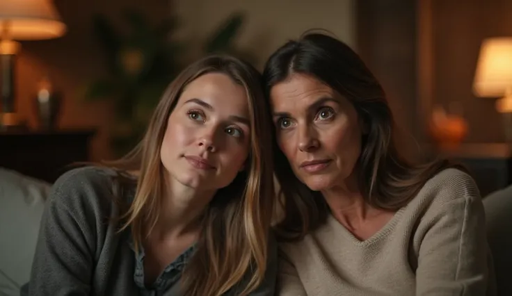 A young woman sitting close to an middle aged woman (her mom’s friend in her late 40s) on a couch, looking slightly surprised or deep in thought. The older woman has a warm, knowing smile, creating a sense of mystery and emotional tension. The background i...