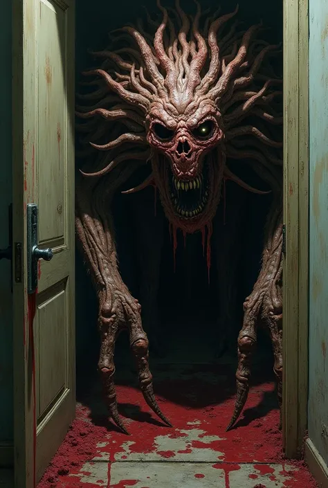 a close up of a creepy malivore looking creature in a room, witha lot of roots and bloods, silent hill concept art, horror concept art, resident evil virus concept art, nightmarish illustration, elegant horror artwork, photo of scp-173, creepy mutant flesh...