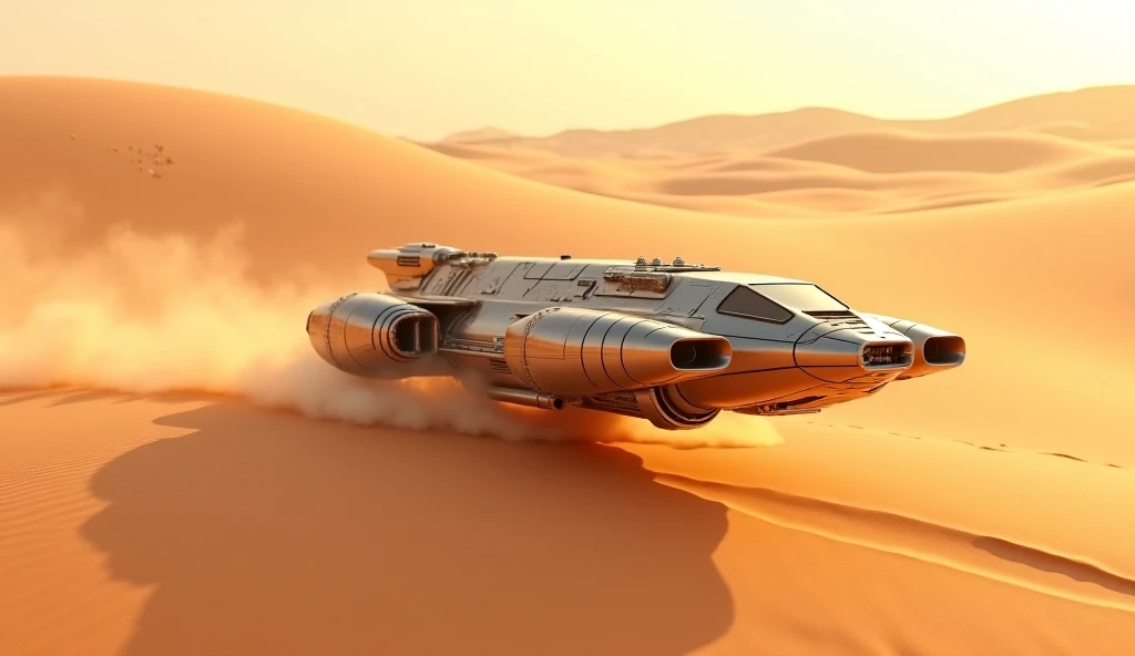 Hyper realistic. A Star Wars hovering desert speeder. Behind in soft focus are desert sand blowing 