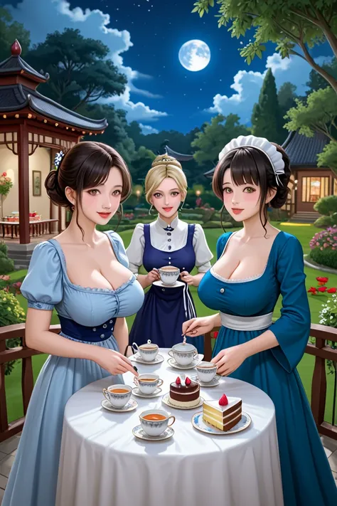 Moonlit Tea Ceremony, 3 busty women, giga_busty, moon night, garden, tea cups, cake stand,