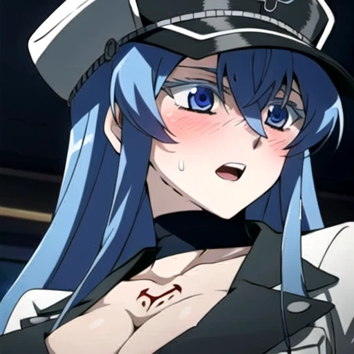 Esdeath, (aroused facial expression), open mouth, blush, sweat, breasts, large breasts, (hat), cleavage, scarf, hair between eyes, (uniform), military, (military uniform), tattoo, (peaked cap), chest_tattoo, (simple dark background), facing down, looking d...