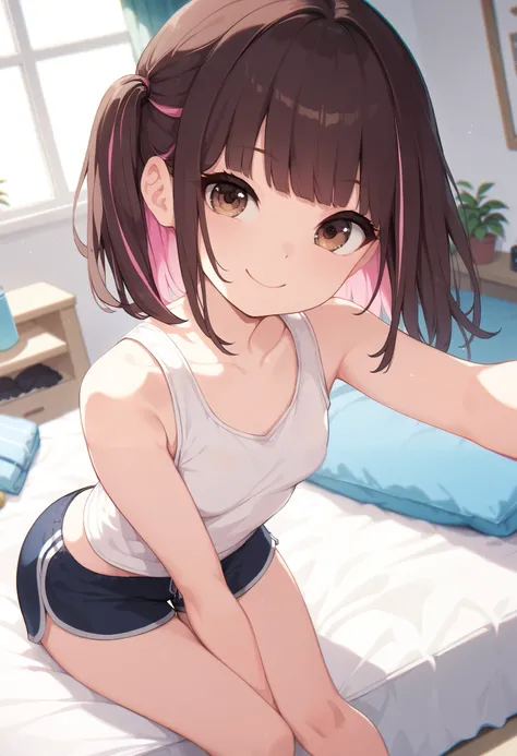 masterpiece, best quality, 1 cute small girl, sweet smile, darck brown hair, pink highlights, straight hair, bangs, fringe, brown eyes, small chest, white tank top, sport shorts, sexy legs, on her bed, selfie