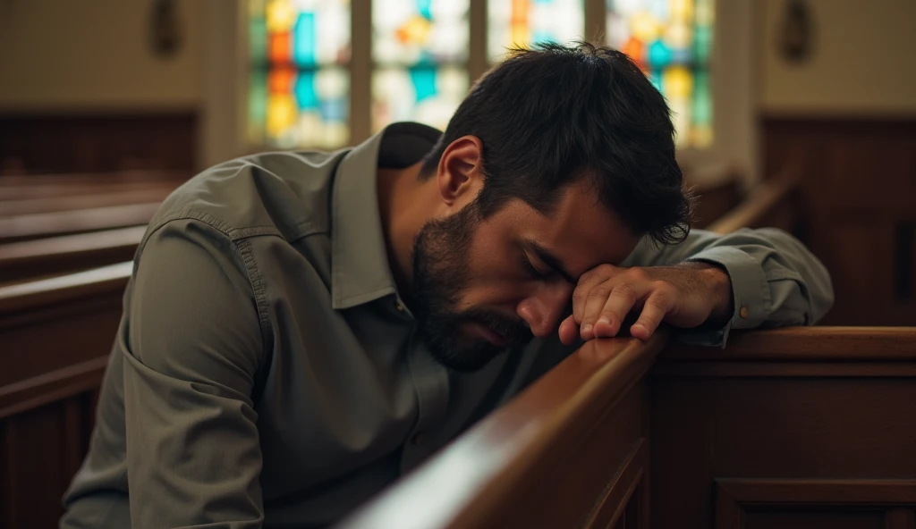 Pose: The man leans forward against a wooden pew, one hand pressed against his forehead while the other rests on the pew, as if whispering a silent prayer in exhaustion.
Attire: A fitted, button-up shirt with soft, neutral colors, sleeves neatly folded jus...