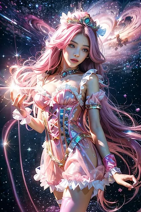 4K Ultra HD, Masterpiece, A girl with a magical aura, (good face:1.2), very Long hair, Detailed eyes, Glossy lips, Lolita costume, (pink costume:1.5), The aura around the body, Magical effect, Spread white light, Cosmic elements and ethereal atmosphere, A ...