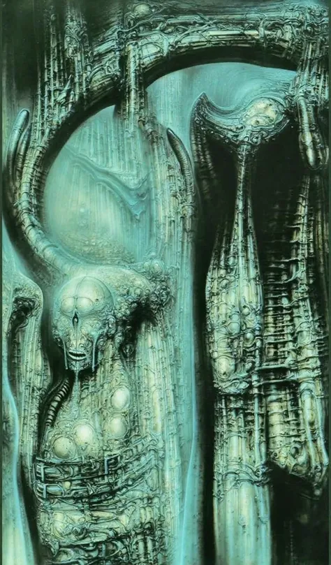 DARK BLACK COLORS, Giger_style, H. R. Giger's g1g3r, , Giger_style, The image is a detailed view of H.R. Giger's \" HRG Aleph \" plate, featuring ( The image depicts intricate, organic-like mechanical structures with a dark, metallic appearance, resembling...