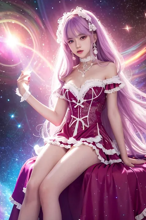 4K Ultra HD, Masterpiece, A girl with a magical aura, Good face, Long hair, shinny hair, Detailed eyes, Glossy lips, Wearing a red Lolita costume, The aura around the body, Magical effect, Spread white light, Cosmic elements and ethereal atmosphere, A mix ...