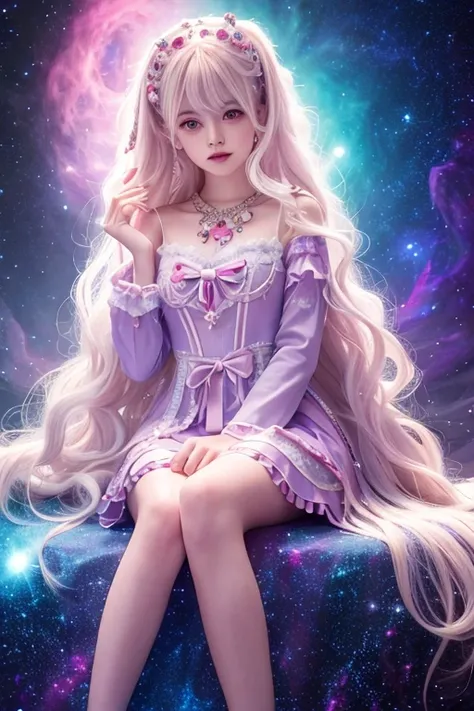 4K Ultra HD, Masterpiece, A girl with a magical aura, Good face, Long hair, shinny hair, Detailed eyes, Glossy lips, Wearing a red Lolita costume, The aura around the body, Magical effect, Spread white light, Cosmic elements and ethereal atmosphere, A mix ...