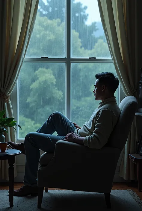 A man sitting on a chair watching the rain gets ready