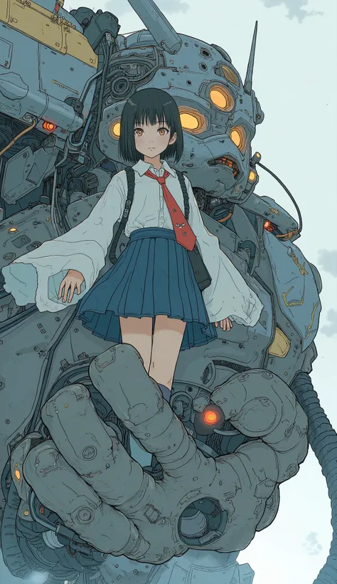 Le Body,  seen from above , A young girl wearing a Japanese high school girl costume、A young girl in a Japanese schoolgirl costume standing on Mecha's giant hand  , Gundam type robot 