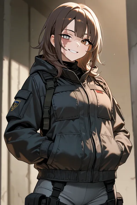 1 girl, brown medium hair, small eyes, tall, black puffer jacket, hands in jacket's pocket, looking at viewer, smile, scar on left face, burn scar on left face, odd eye, brown right eye, grey left eye, mesugaki, tactical clothes, mature, grey body suit