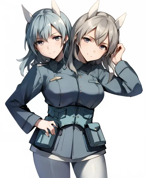 2heads, a tall thin woman with 2 heads, wwaurora, Eila, light blue uniform, cyan belt pouch, white pantyhose,