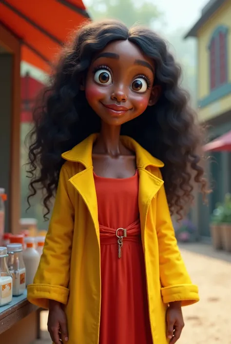 A black girl selling milk wears a red dress and a yellow coat with a big nose, wide eyes and long hair 