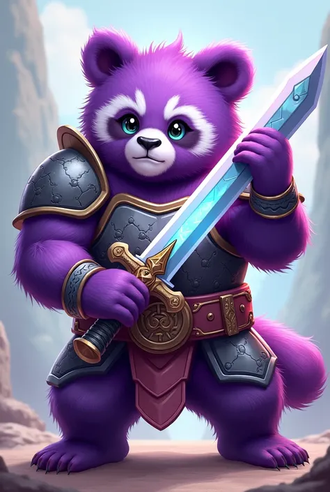 A purple panda in armor, a warrior is hugging a sword, a cute cartoon image