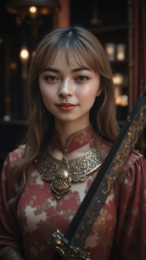 ( Masterpiece), ( highest quality), ( very detailed), ( high resolution),( super real),( photorealistic under white micro),( 8k uhd), Japanese face 、 beautiful girl、I have a thin figure、Light Armor 、 A fusion of medieval European style and dark fantasy sty...