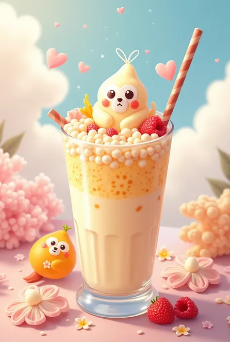 creamy jelly sago using jelly ingredients, sago, fresh milk and nata de coco using anime-like images