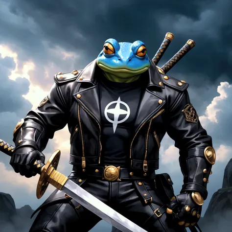 Watercolor comic book art style, An extremely badass anthropomorphic lights blue and white bullfrog in an insanely cool black leather biker jacket open, black shirt, black leather biker gloves, black leather biker pants, wearing a large black circle symbol...