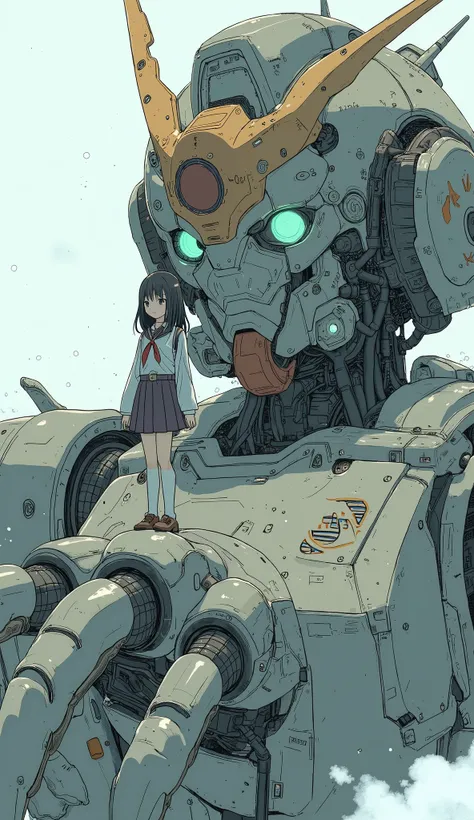  full body,  seen from above , A young girl wearing a Japanese high school girl costume、A young girl in a Japanese schoolgirl costume standing on Mecha's giant hand  , Gundam type robot 