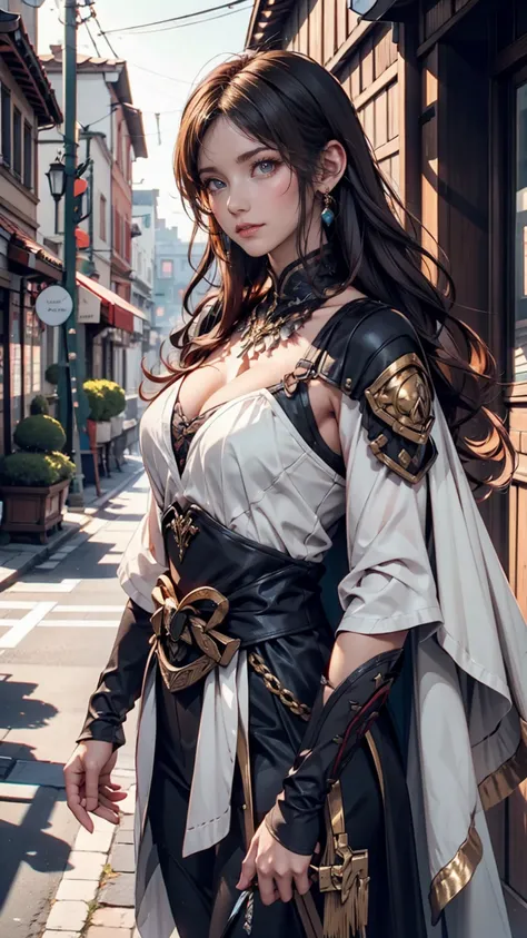  Princess Zelda's full body ,  brown hair,  blue eyes, Dressed as an assassin in Assassin's Creed , white+It's gold and 、whiteいマスクと金色のディテールが施されたフード, XL Bust, [Using the blade of his wrist. background: Renaissance city.  Unreal Engine 5, Anime, Anime style,...