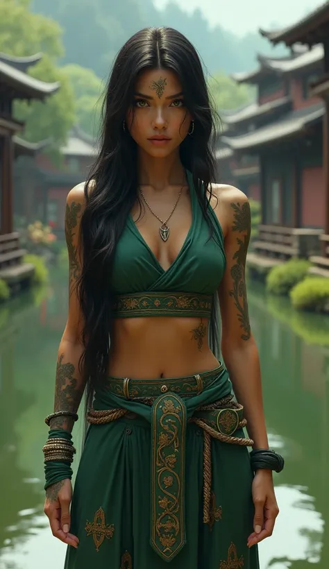 jade from mortal combat without mask with traditional village japan full body cinematic realistis 