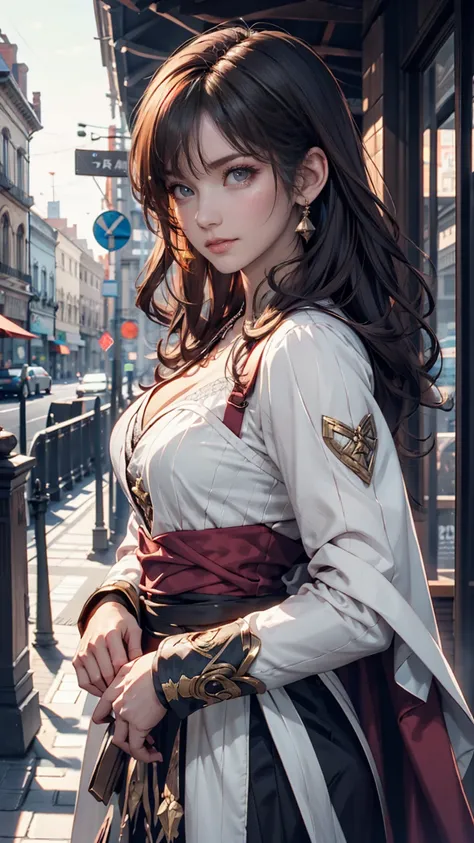  Princess Zelda's full body ,  brown hair,  blue eyes, Dressed as an assassin in Assassin's Creed , white+It's gold and 、whiteいマスクと金色のディテールが施されたフード, XL Bust, [Using the blade of his wrist. background: Renaissance city.  Unreal Engine 5, Anime, Anime style,...