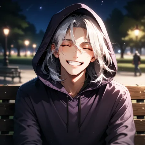 (Masterpiece), best quality, highest quality, highly detailed CG unity 8k wallpaper, original, high resolution, (depth of field: 1.5), fidelity: 1.3, solo focus, 1guy, male, (medium length hair: 1.3), white hair, eyes closed, purple hoodie, ((hood up)), la...