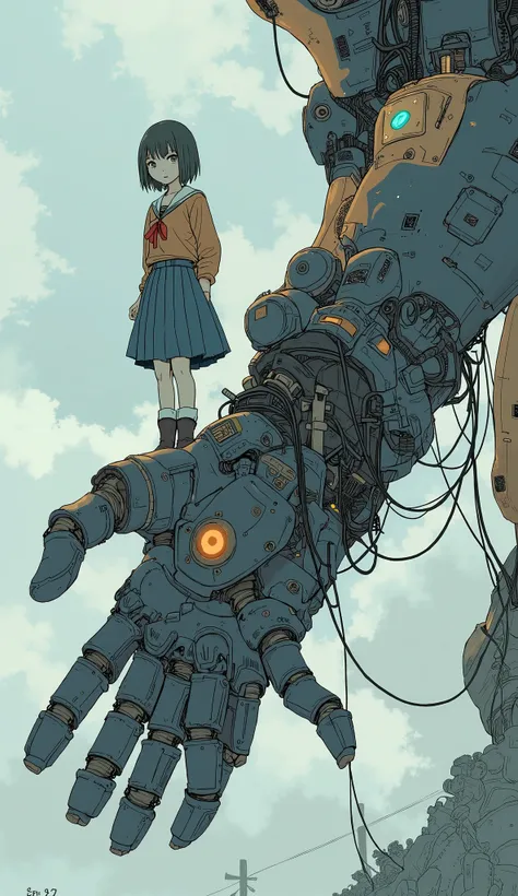  full body,  seen from above , A young girl wearing a Japanese high school girl costume、A young girl in a Japanese schoolgirl costume standing on Mecha's giant hand  , Gundam type robot 