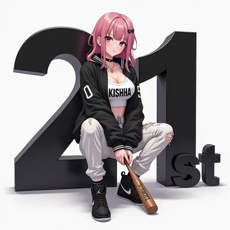 Create Beautiful large breast anime bad girl Sitting on a 3D Large Word "21st" which has Black Color and Design. The background is a white and grey gradient background and the bad girl is wearing Black Jacket with Name "KISHAA" in the middle has A baseball...