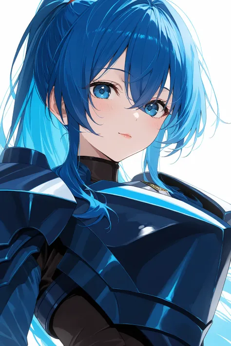  looking at the camera　woman　adult　Double eyelids　 Red　Small nose　 lip gloss　 ponytail　 has bangs　Blue Hair　 good expression　blue leather armor　 no background