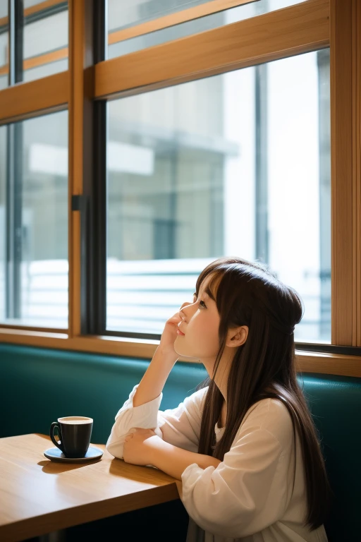 Brown-haired girl looking sideways out of the window at a cafe、 illustration style