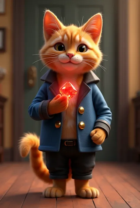 Generate a high quality 3D image:An orange cat wearing Blue jacket and black pant and standing in house with holding a red shining stone in hand 