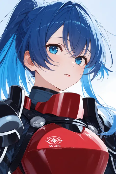 whole body　 looking at the camera　woman　adult　Double eyelids　 Red　Small nose　 lip gloss　 ponytail　 has bangs　Blue Hair　 good expression　blue leather armor　 no background