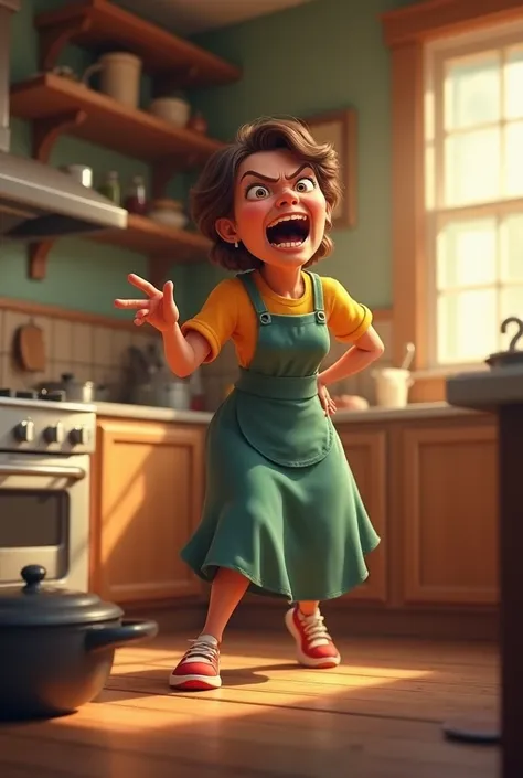 Full body animated image of an angry mother looking for her frying pan