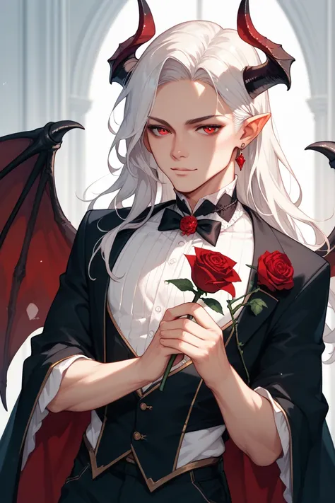 A half demon half human male that has red eyes and horns and wings and has white long hair and holding a black rose