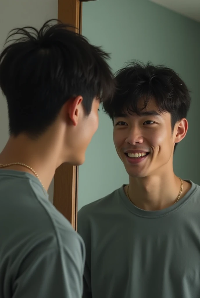 A happy young man looking at the mirror and see him self crying