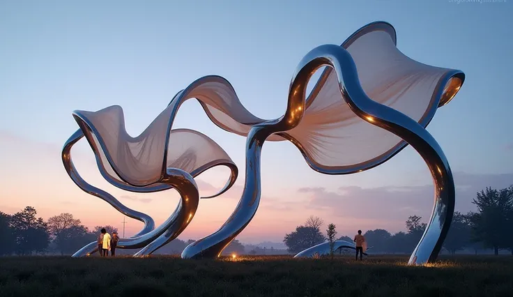 Organic Kinetic Sculpture at Dusk
Prompt: An outdoor kinetic sculpture featuring organically shaped elements that spin gracefully in the breeze at dusk. The soft twilight hues and subtle play of light on the moving forms evoke a serene yet dynamic scene de...