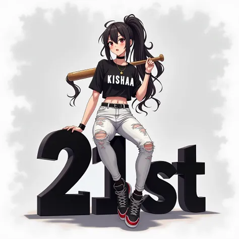 Create Beautiful large breast anime bad girl Sitting on a 3D Large Word "21st" which has Black Color and Design. The background is a white and grey gradient background and the bad girl is wearing Black crop top shirt with Name "KISHAA" in the middle has A ...