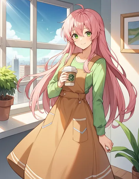 score_9, score_8_up , score_7_up , source_anime, rating_safe, BREAK watashi \(Jintai\), selfie、blush、  1girl , pink hair, long hair, very long hair, ahoge, green eyes, green shirt, long sleeves, brown dress, long dress, long skirt, pocket, light smile, lig...