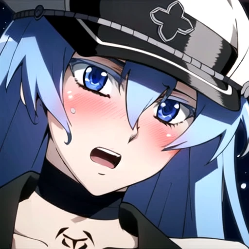 Esdeath, (aroused facial expression), open mouth, blush, sweat, (hat), choker, hair between eyes, (uniform), military, (military uniform), tattoo, (peaked cap), chest_tattoo, (simple dark background), facing down, looking down, close-up, view from below, d...