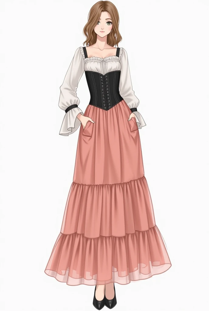 Generate an illustration of skirt with blouse based on these requirments 

Lenght :Midi_lenght
Fabric: chiffon 
Style :tiered skirt with elastic waistband and pockets 
Blouse: assymetrical neckline fitted corset with bell sleeves