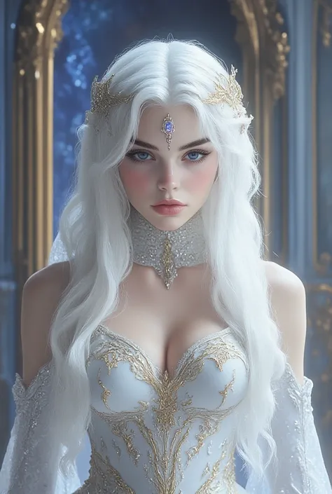   A beautiful 18-year-old girl who is a princess in a huge and luxurious temple with windows of pure light.  She is a EUROPEAN albina with European features  . She has VERY LONG silvery-snow-WHITE hair ,   silky and shiny,  her white hair is COLLECTED with...