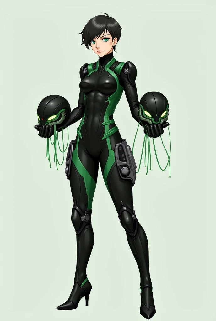 short-haired woman with masks and futuristic combat suit in black and green with full body and black heels, standing in a combat pose 