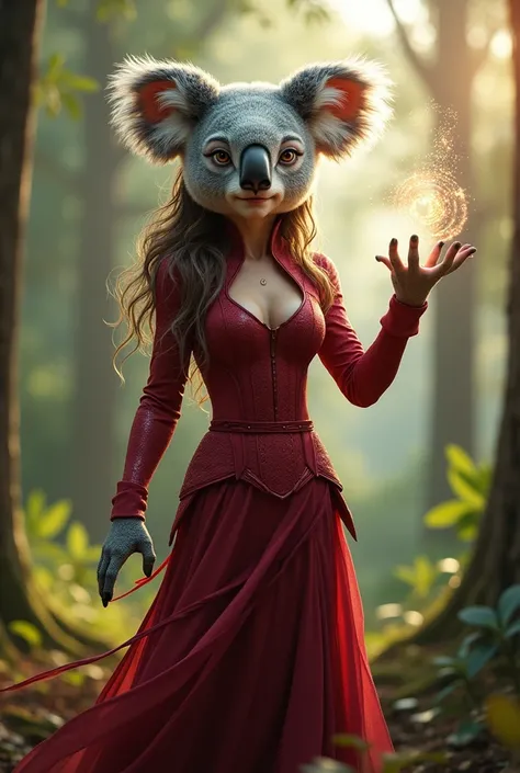 /imagine prompt: A hyper-realistic depiction of the fusion between Scarlet Witch and a koala, captured in stunning 4K detail as if shot with a Sony A1 camera. The fused character stands confidently, combining the powerful presence of Scarlet Witch with the...